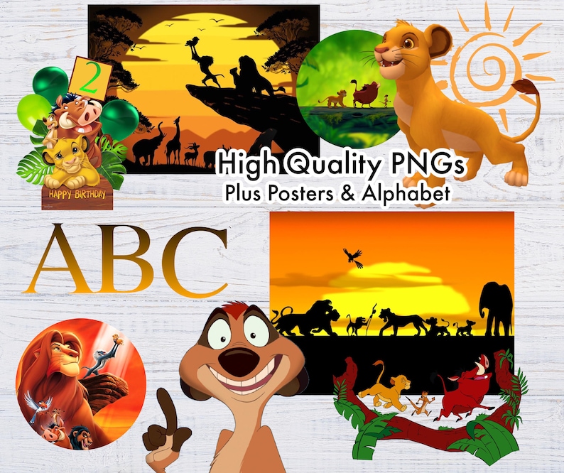 May include: A set of digital images featuring characters from the Lion King movie. The images include Simba, Timon, Pumbaa, and other characters. The images are high quality and perfect for crafting projects, scrapbooking, or creating personalized gifts.