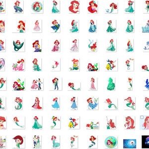 May include: A collection of 81 colourful digital illustrations featuring Ariel, the Little Mermaid, in various poses and settings. The illustrations include Ariel swimming, singing, and interacting with other characters from the Disney movie.