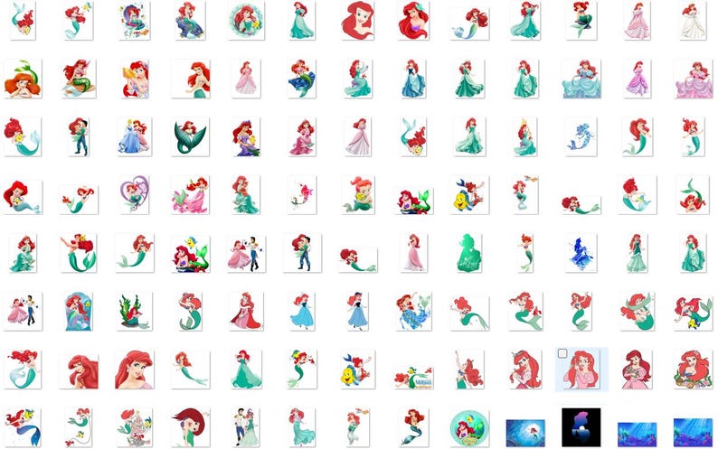 May include: A collection of 81 colourful digital illustrations featuring Ariel, the Little Mermaid, in various poses and settings. The illustrations include Ariel swimming, singing, and interacting with other characters from the Disney movie.