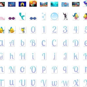 May include: A set of digital clipart images featuring characters and objects from the Disney movie The Little Mermaid. The images include Ariel, Flounder, Sebastian, Ursula, and other characters. The set also includes numbers, letters, and other decorative elements.