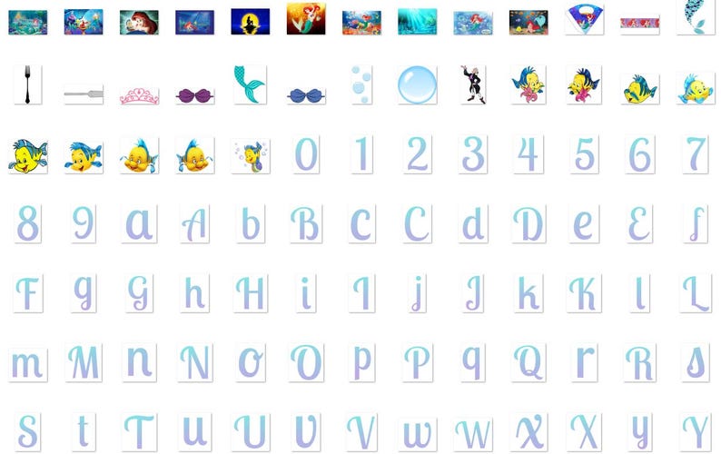 May include: A set of digital clipart images featuring characters and objects from the Disney movie The Little Mermaid. The images include Ariel, Flounder, Sebastian, Ursula, and other characters. The set also includes numbers, letters, and other decorative elements.