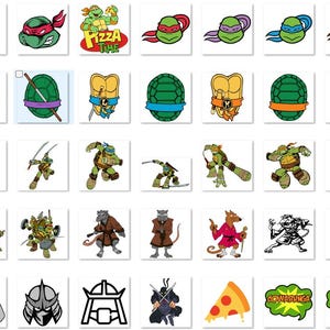 May include: A collection of colorful cartoon images featuring characters and logos from the Teenage Mutant Ninja Turtles franchise. The images include the four turtles, pizza, and other related characters.