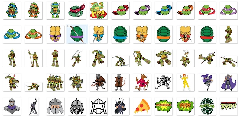 May include: A collection of colorful cartoon images featuring characters and logos from the Teenage Mutant Ninja Turtles franchise. The images include the four turtles, pizza, and other related characters.