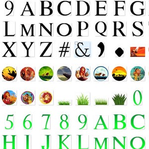 May include: Black and green alphabet letters and numbers, along with symbols, are displayed in a row. Below the letters are images of lions, grass, and more letters and numbers in green. The letters and numbers are in a bold, serif font.