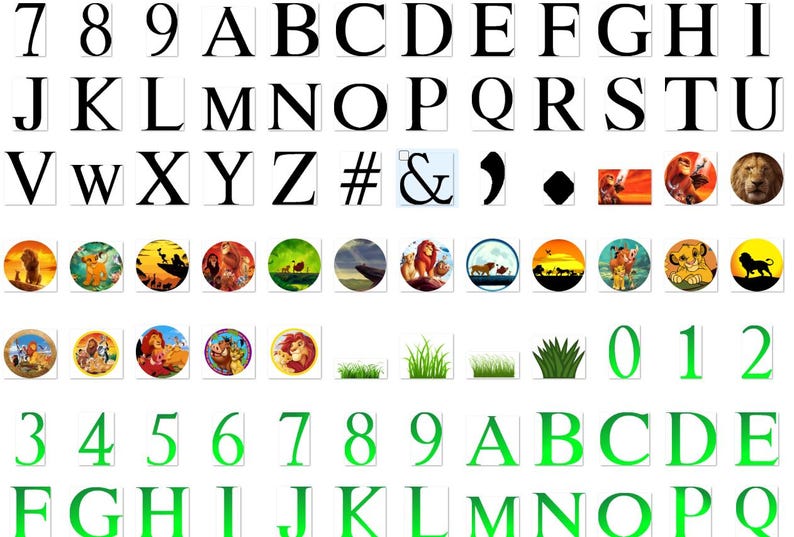 May include: Black and green alphabet letters and numbers, along with symbols, are displayed in a row. Below the letters are images of lions, grass, and more letters and numbers in green. The letters and numbers are in a bold, serif font.