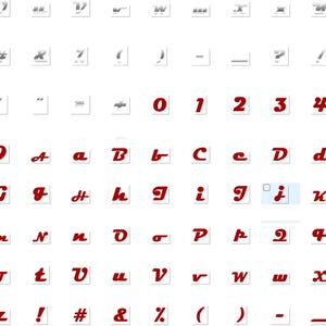 May include: A collection of white squares, each displaying a character in a red, stylized font. The characters include numbers, letters, and punctuation marks. The font has a rounded, playful appearance.