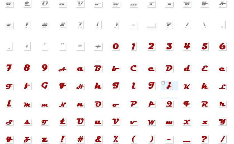 May include: A collection of white squares, each displaying a character in a red, stylized font. The characters include numbers, letters, and punctuation marks. The font has a rounded, playful appearance.