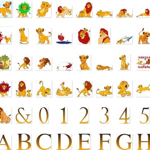 May include: A set of digital clipart featuring various images of lions from the Disney movie The Lion King. The clipart includes images of Simba, Mufasa, Nala, Scar, and other characters. The clipart also includes numbers and letters in a gold font.