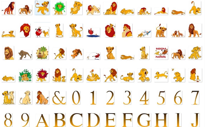 May include: A set of digital clipart featuring various images of lions from the Disney movie The Lion King. The clipart includes images of Simba, Mufasa, Nala, Scar, and other characters. The clipart also includes numbers and letters in a gold font.