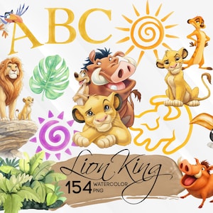Puede incluir: Una colección digital de ilustraciones en acuarela con personajes de El Rey León, incluyendo un león, un cachorro, un jabalí, una suricata y un tucán, junto a hojas tropicales, soles, las letras ABC y el texto Lion King 154 PNG.