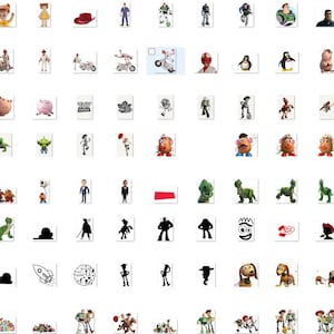 May include: A collection of various Toy Story character figures, including Woody, Buzz Lightyear, Rex, Hamm, Mr. Potato Head, and Slinky Dog, presented in a grid format with colorful illustrations, silhouettes, and line art drawings of the characters.