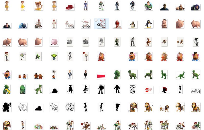 May include: A collection of various Toy Story character figures, including Woody, Buzz Lightyear, Rex, Hamm, Mr. Potato Head, and Slinky Dog, presented in a grid format with colorful illustrations, silhouettes, and line art drawings of the characters.