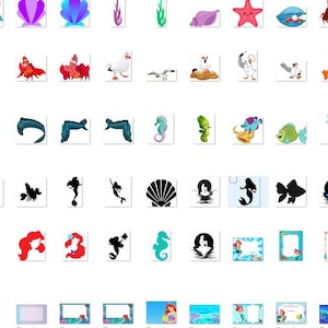 May include: A collection of colourful clip art images featuring characters and objects from the Little Mermaid film. The images include Ariel, Sebastian, Flounder, Ursula, and other characters. There are also images of seashells, starfish, and other ocean-themed objects.
