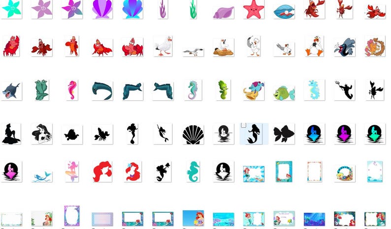 May include: A collection of colourful clip art images featuring characters and objects from the Little Mermaid film. The images include Ariel, Sebastian, Flounder, Ursula, and other characters. There are also images of seashells, starfish, and other ocean-themed objects.