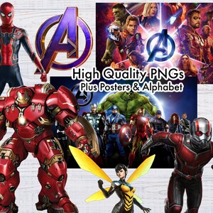 May include: A set of digital images featuring various characters from the Marvel Cinematic Universe, including Iron Man, Spider-Man, Ant-Man, and Hulk. The images are high quality and suitable for printing or digital use.  High Quality PNGs Plus Posters & Alphabet