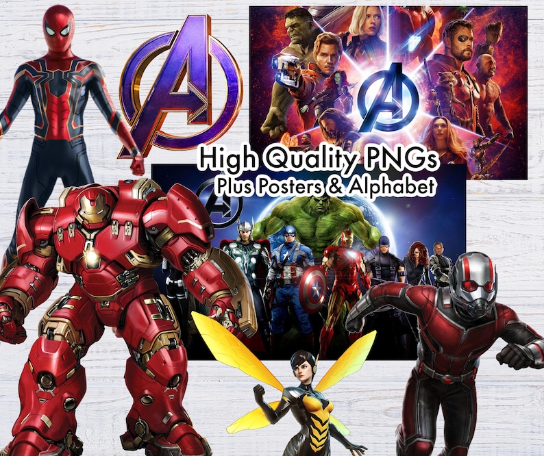 May include: A set of digital images featuring various characters from the Marvel Cinematic Universe, including Iron Man, Spider-Man, Ant-Man, and Hulk. The images are high quality and suitable for printing or digital use.  High Quality PNGs Plus Posters & Alphabet