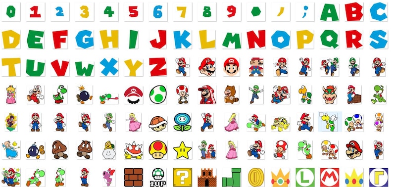 Puede incluir: Un alfabeto colorido con n&uacute;meros y varios personajes de Mario, incluyendo Mario, Luigi, Peach, Toad y Bowser. Los personajes est&aacute;n en diferentes poses y expresiones. El fondo es blanco.