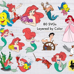 May include: A set of 80 layered SVG files featuring characters from the Disney film The Little Mermaid. The set includes Ariel, Prince Eric, Ursula, Sebastian, Flounder, and King Triton. The text "80 SVGs Layered by Color" is included in the image.