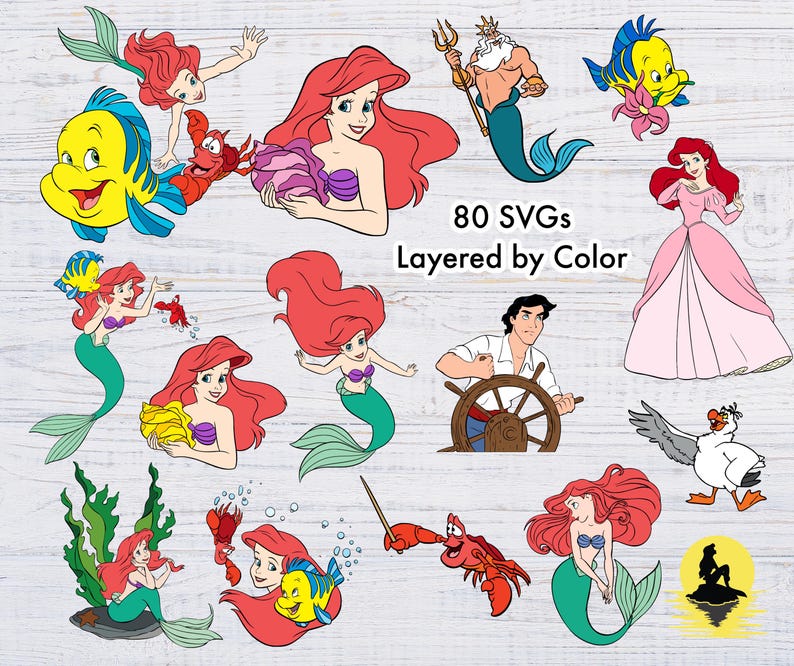 May include: A set of 80 layered SVG files featuring characters from the Disney film The Little Mermaid. The set includes Ariel, Prince Eric, Ursula, Sebastian, Flounder, and King Triton. The text "80 SVGs Layered by Color" is included in the image.