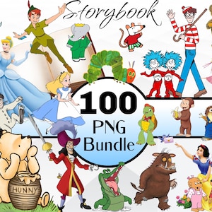 May include: A digital collection of 100 PNG files featuring various classic storybook characters including Peter Pan, Cinderella, Alice in Wonderland, Winnie the Pooh, The Very Hungry Caterpillar, Thing 1 and Thing 2, and Waldo.