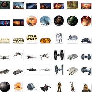 May include: A collection of Star Wars themed images, including characters, spaceships, and logos. The images are in a grid format and are all in colour.