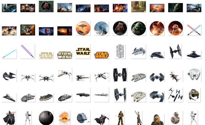 May include: A collection of Star Wars themed images, including characters, spaceships, and logos. The images are in a grid format and are all in colour.