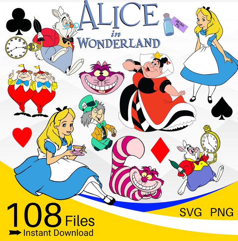 Peut inclure: Un ensemble d'illustrations de dessins anim&eacute;s color&eacute;s mettant en sc&egrave;ne des personnages d'Alice au pays des merveilles, notamment Alice, le Chapelier fou, la Reine de c&oelig;ur, le Chat du Cheshire et le Lapin blanc. Les illustrations sont dans un style fantaisiste et sont parfaites pour les projets d'artisanat, le scrapbooking ou la conception num&eacute;rique.