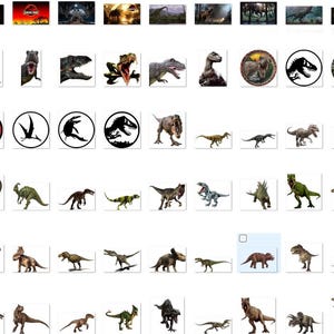 May include: A collection of images featuring dinosaurs and logos from the Jurassic Park franchise. The images include various dinosaur species, logos with the iconic T-Rex silhouette, and scenes from the movies.