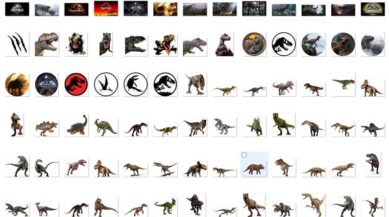 May include: A collection of images featuring dinosaurs and logos from the Jurassic Park franchise. The images include various dinosaur species, logos with the iconic T-Rex silhouette, and scenes from the movies.