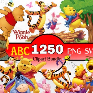 May include: A digital clipart bundle featuring Winnie the Pooh characters including Tigger, Piglet, Eeyore, and Roo. The image displays honey pots, bees, butterflies, and trees with the text Winnie the Pooh, ABC 1250, and PNG SVG Clipart Bundle.