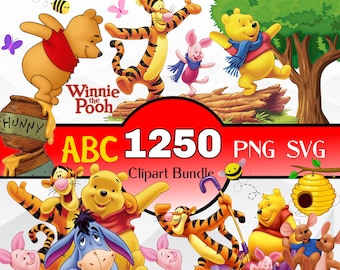 Winnie the Pooh Clipart Bundle, Winnie the Pooh SVG, Pooh Tigger Eeyore PNG and Digital Papers, Watercolor Clipart, alphabet and font