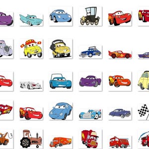 May include: A selection of cartoon car illustrations in various colours and designs. The image features a variety of vehicles, including race cars, trucks, and classic cars, each with unique personalities and details. The cars are arranged on a white background.