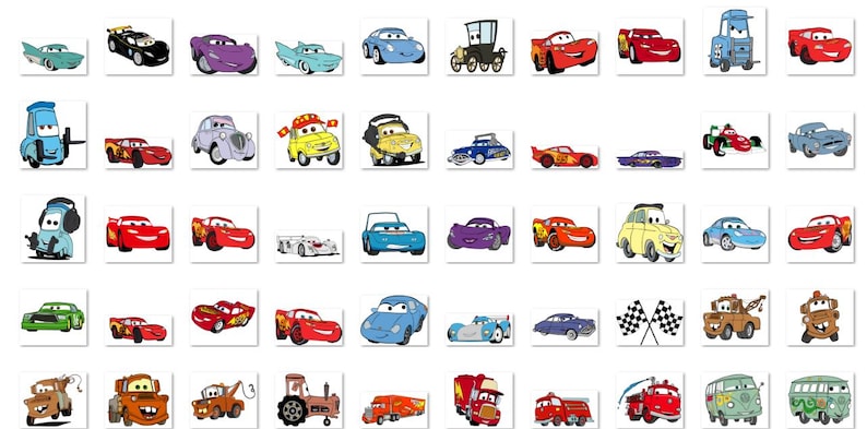 May include: A selection of cartoon car illustrations in various colours and designs. The image features a variety of vehicles, including race cars, trucks, and classic cars, each with unique personalities and details. The cars are arranged on a white background.