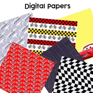 May include: A selection of digital papers with racing and Cars themes. Designs include checkered flags, the Cars logo, and the text "Legend of the Track!" Lightning McQueen is also featured.