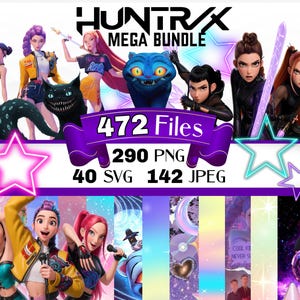 Pode incluir: Pacote de arte digital com o texto "HUNTRAX MEGA BUNDLE" e "472 Files". A imagem apresenta vários personagens estilizados, um gato azul e um gato preto com um sorriso largo. O pacote inclui 290 PNG, 40 SVG e 142 arquivos JPEG.