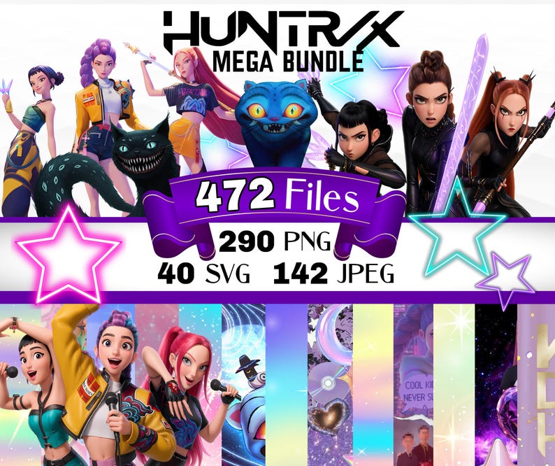 May include: Digital art bundle with the text "HUNTRAX MEGA BUNDLE" and "472 Files". The image features several stylized characters, a blue cat, and a black cat with a wide grin. The bundle includes 290 PNG, 40 SVG, and 142 JPEG files.
