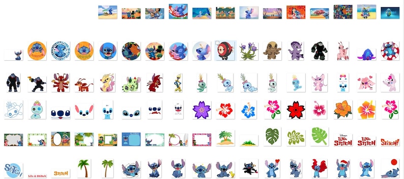 May include: A collection of digital clipart featuring Stitch, the blue alien character from the Disney movie Lilo & Stitch. The clipart includes various images of Stitch in different poses, expressions, and settings, as well as other related characters and objects.