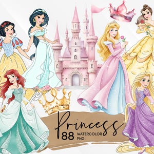 May include: A collection of watercolor illustrations featuring six princesses in colorful gowns, a pink castle, and two crowns. The text reads Princess 88 watercolor PNG. The characters include figures with red, black, blonde, and brown hair.
