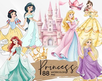 Princess Watercolor Clipart Bundle, Princess PNG Bundle, Hand painted png, Tangled Ariel Frozen birthday, shirts