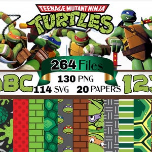 May include: A digital art bundle featuring the Teenage Mutant Ninja Turtles. The image includes the TMNT logo, the four turtles, and various digital papers with patterns and designs. The bundle includes 264 files, 130 PNGs, 114 SVGs, and 20 papers.