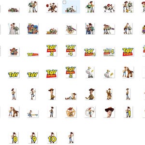 May include: A collection of digital stickers featuring characters from the Toy Story franchise, including Woody, Buzz Lightyear, and various other figures, alongside multiple Toy Story movie logos and numbered graphics in various poses and settings.