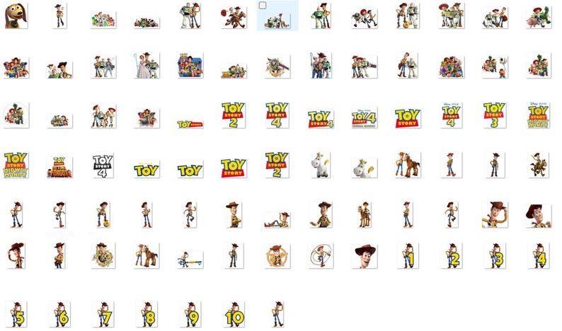 May include: A collection of digital stickers featuring characters from the Toy Story franchise, including Woody, Buzz Lightyear, and various other figures, alongside multiple Toy Story movie logos and numbered graphics in various poses and settings.