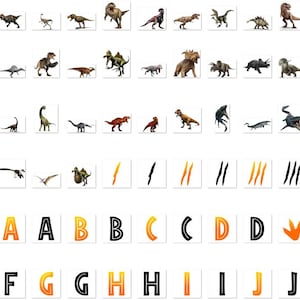 May include: A collection of dinosaur illustrations and alphabet letters. The dinosaurs are in various poses and colors. The letters are in a bold font with orange and black coloring. The image is on a white background.