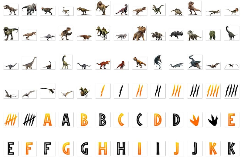 May include: A collection of dinosaur illustrations and alphabet letters. The dinosaurs are in various poses and colors. The letters are in a bold font with orange and black coloring. The image is on a white background.