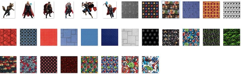May include: A collection of 30 different fabric patterns featuring various superhero characters, including Thor, Iron Man, Captain America, and Hulk. The patterns are in a variety of colors, including red, blue, green, and black.