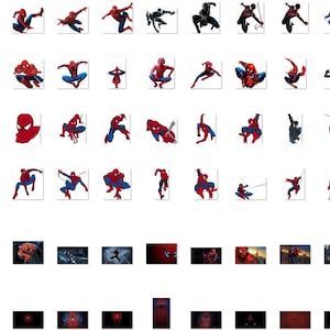 May include: A collection of 60 digital images featuring a red and blue superhero character in various poses. The character is wearing a red and blue suit with a spider logo on the chest. The images are suitable for use as digital stickers, icons, or avatars.
