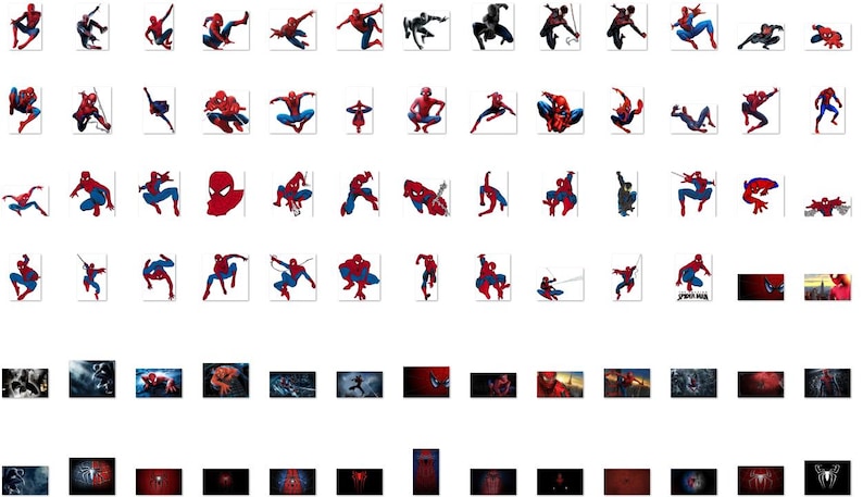 May include: A collection of 60 digital images featuring a red and blue superhero character in various poses. The character is wearing a red and blue suit with a spider logo on the chest. The images are suitable for use as digital stickers, icons, or avatars.