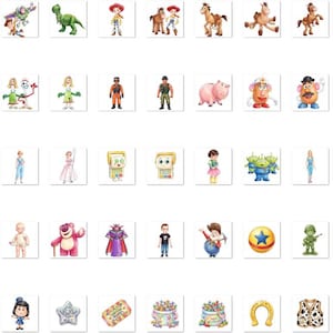 May include: A collection of small, square-shaped stickers featuring various colorful illustrations of cartoon characters, animals, and objects, including cowboys, space rangers, dinosaurs, pigs, potatoes, aliens, stars, hats, and toys arranged in a grid.