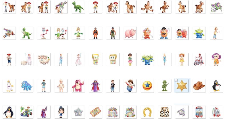 May include: A collection of small, square-shaped stickers featuring various colorful illustrations of cartoon characters, animals, and objects, including cowboys, space rangers, dinosaurs, pigs, potatoes, aliens, stars, hats, and toys arranged in a grid.