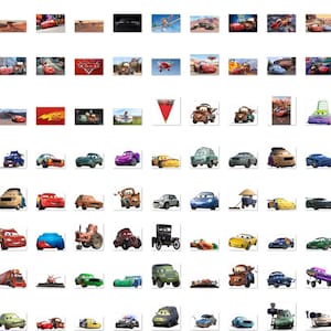 May include: A collection of images featuring characters and scenes from the animated film "Cars." The images showcase various vehicles, including race cars, lorries, and other automobiles, in different settings and poses. The images are colourful and vibrant.